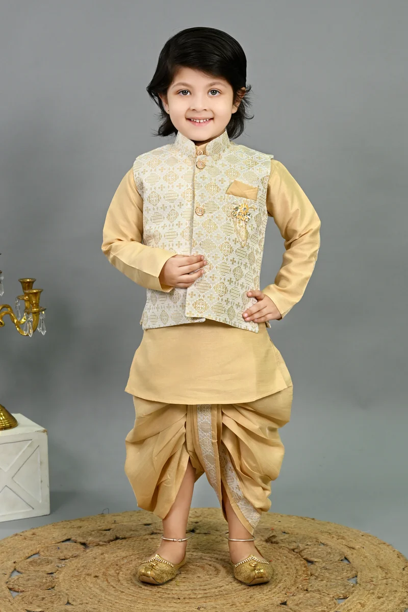 BT DEZINES Boys Fawn Cotton Silk Ethnic Kurta & Dhoti Set